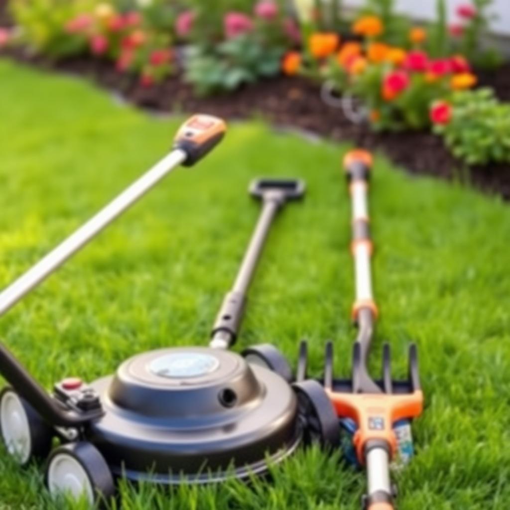 Mower, rake, and string trimmer on a freshly cut lawn beside a flower bed